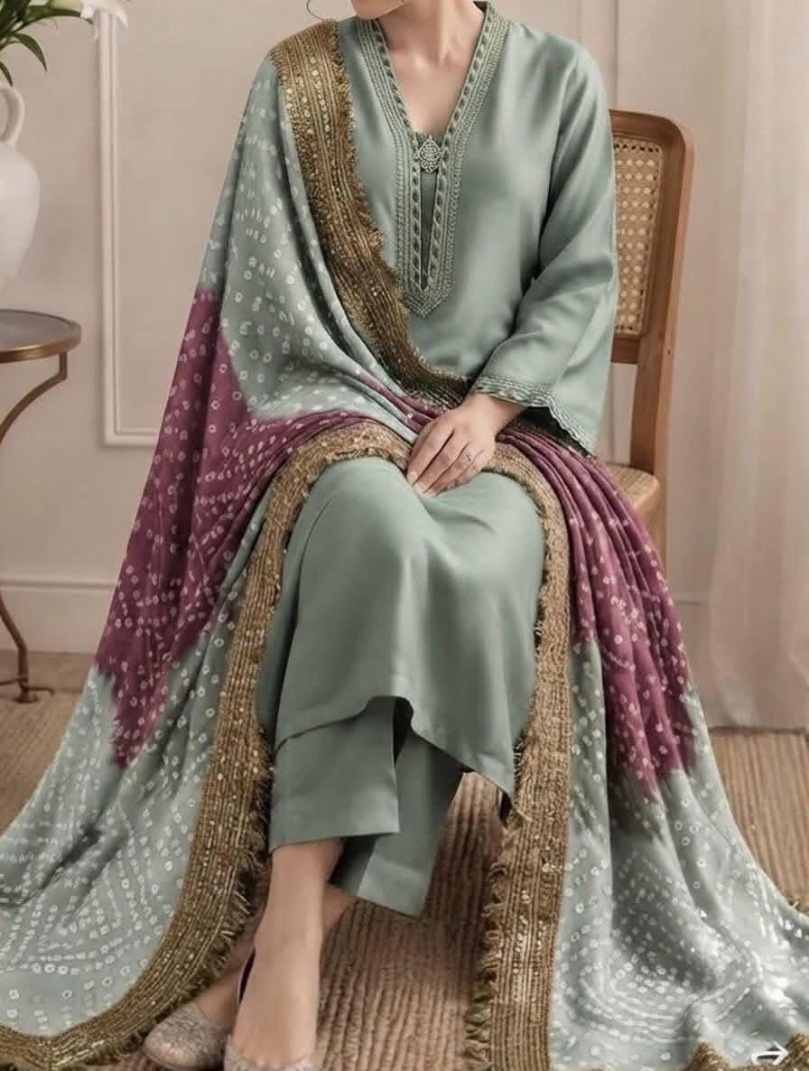 Designer Pure Shamooz Silk Formal Suit with Bandhani Mukesh Dupatta (Multi-Color Variations) - Image 2