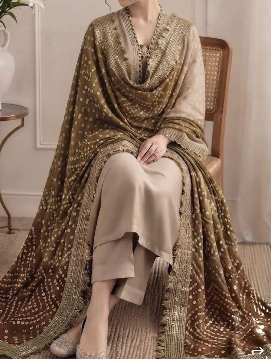 Designer Pure Shamooz Silk Formal Suit with Bandhani Mukesh Dupatta (Multi-Color Variations) - Image 3