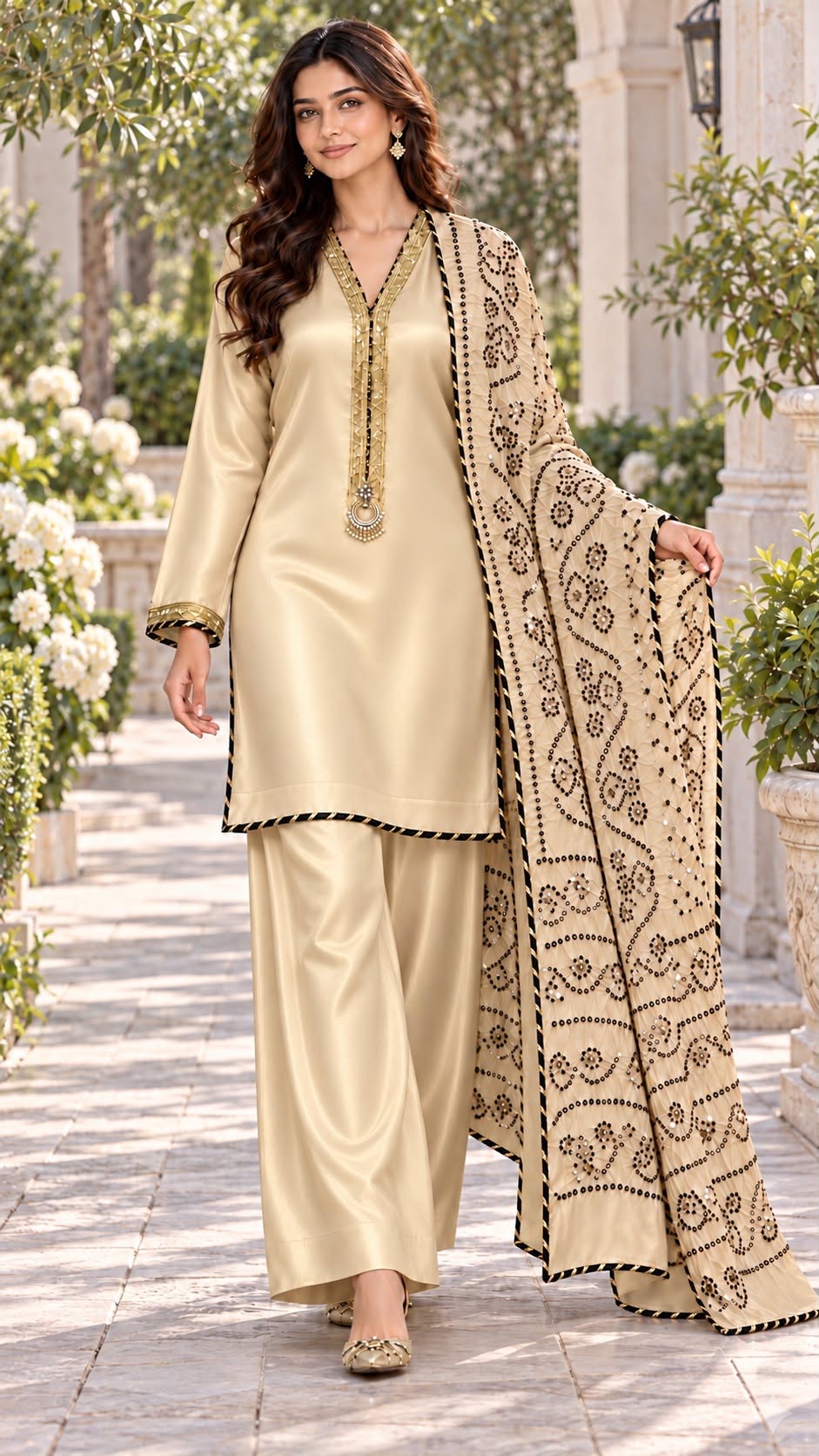 Light Honey Gold Pure Lama Silk 3-Piece Suit with Shikari Chunri Mukesh Dupatta - Image 2