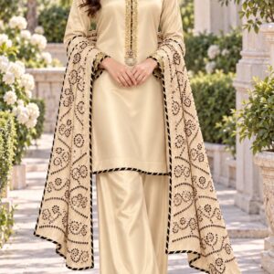 Light Honey Gold Pure Lama Silk 3-Piece Suit with Shikari Chunri Mukesh Dupatta
