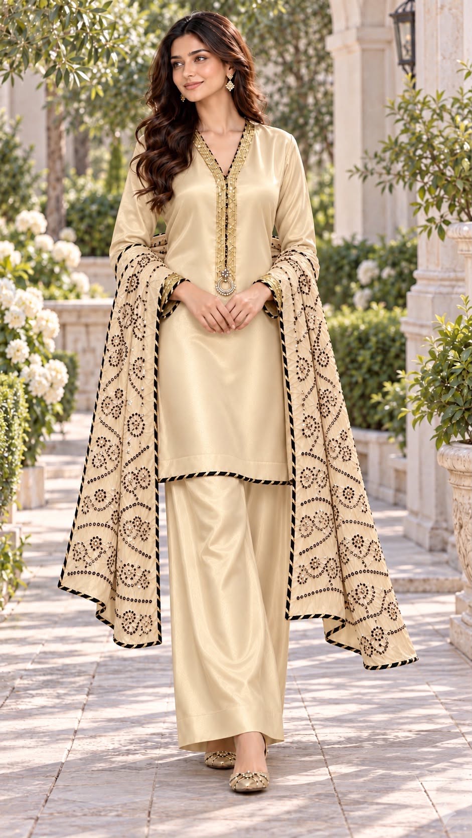 Light Honey Gold Pure Lama Silk 3-Piece Suit with Shikari Chunri Mukesh Dupatta