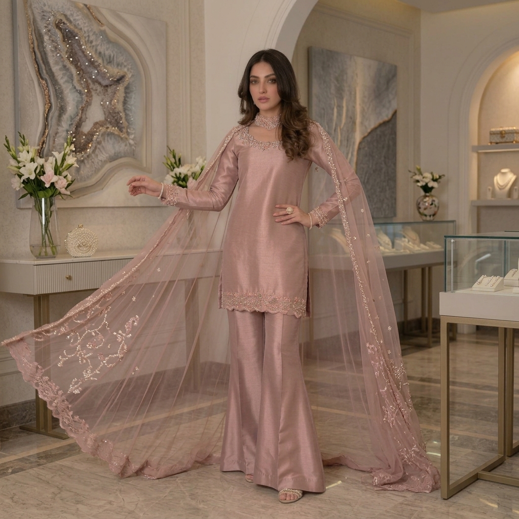 Light Rose Gold Pure Lama Silk 3-Piece Suit with Hand-Embellished Pearls
