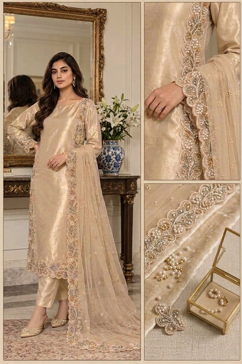 Light Gold Pure Lama Silk 3-Piece Suit with Lama Zari Net Dupatta - Image 2