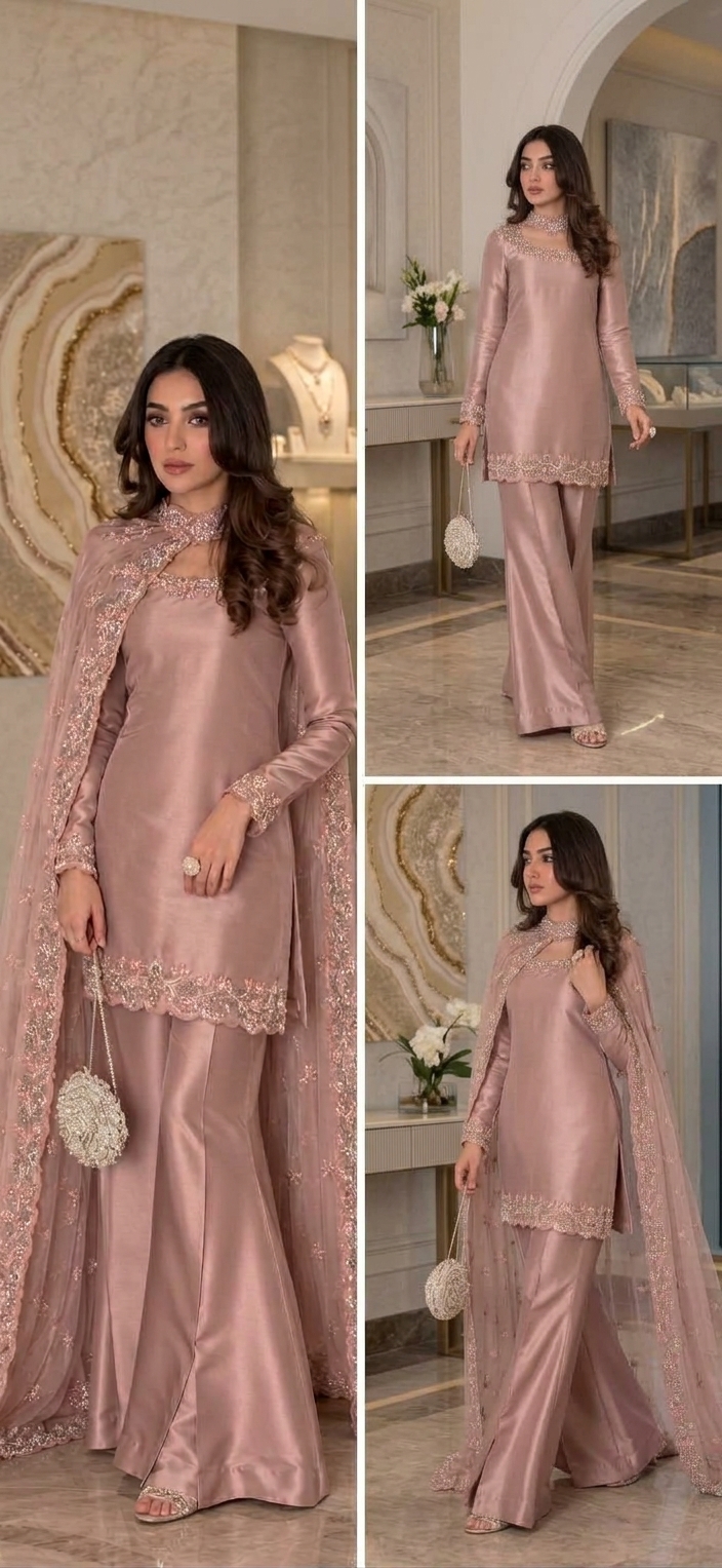 Light Rose Gold Pure Lama Silk 3-Piece Suit with Hand-Embellished Pearls - Image 2