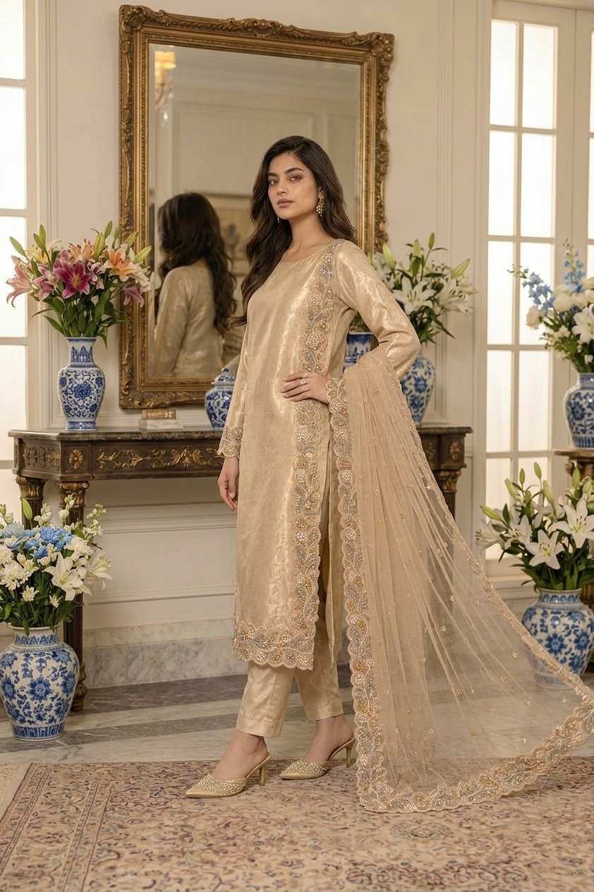 Light Gold Pure Lama Silk 3-Piece Suit with Lama Zari Net Dupatta - Image 3