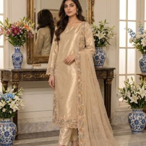 Light Gold Pure Lama Silk 3-Piece Suit with Lama Zari Net Dupatta