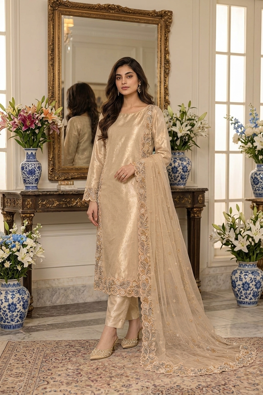 Light Gold Pure Lama Silk 3-Piece Suit with Lama Zari Net Dupatta