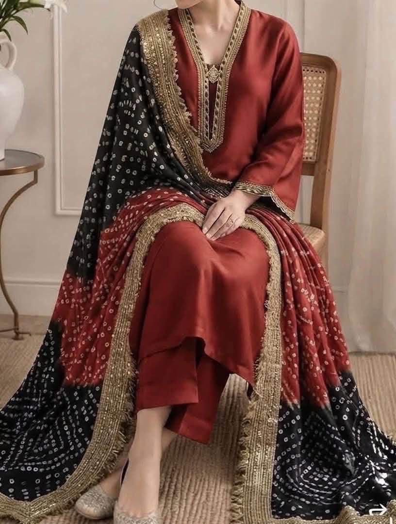 Designer Pure Shamooz Silk Formal Suit with Bandhani Mukesh Dupatta (Multi-Color Variations) - Image 4