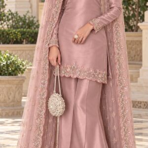 Light Rose Gold Pure Lama Silk 3-Piece Suit with Hand-Embellished Pearls