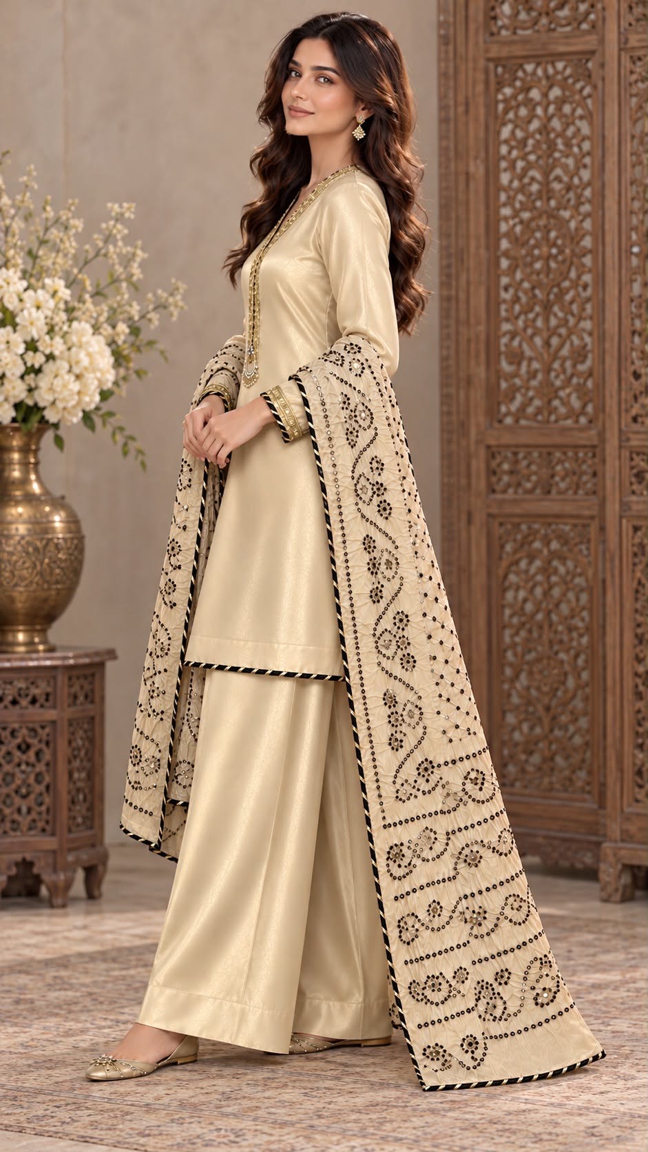 Light Honey Gold Pure Lama Silk 3-Piece Suit with Shikari Chunri Mukesh Dupatta - Image 4