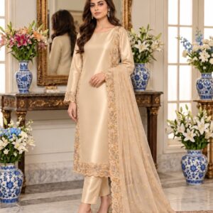Light Gold Pure Lama Silk 3-Piece Suit with Lama Zari Net Dupatta