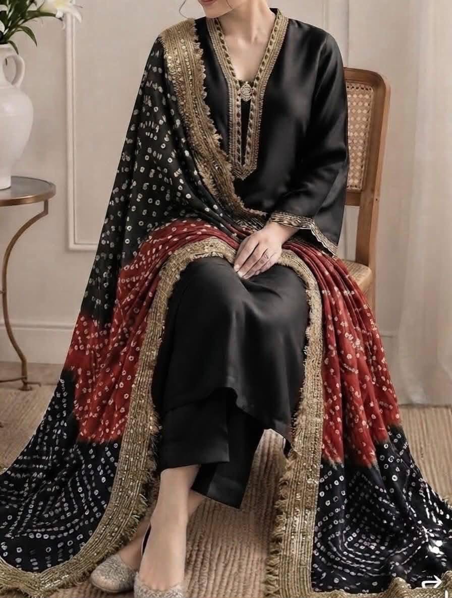 Designer Pure Shamooz Silk Formal Suit with Bandhani Mukesh Dupatta (Multi-Color Variations) - Image 5