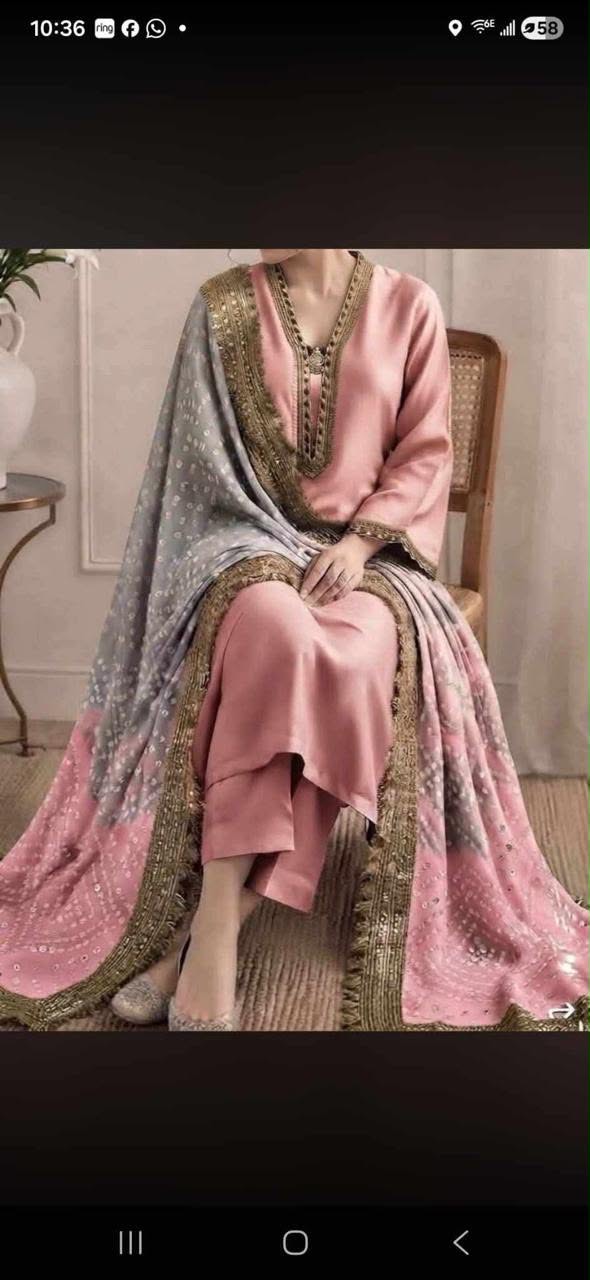 Designer Pure Shamooz Silk Formal Suit with Bandhani Mukesh Dupatta (Multi-Color Variations)